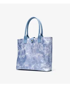 Blue water ripple tote bag detail, featuring dual blue handles and snap closure design.