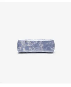 Detailed bottom view of crinkled waterproof paper tote bag in stylish blue grey finish.