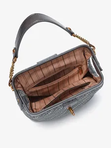 Elegant tweed woven shell shoulder bag for women, versatile crossbody commuter handbag.