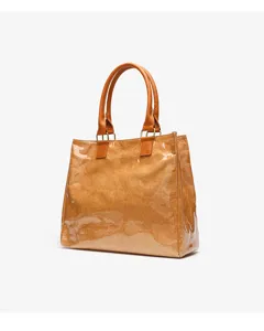 Wrinkled waterproof kraft paper tote bag detail shot, stylish casual brown shoulder bag.