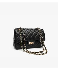 Black quilted leather shoulder bag with gold chain strap, detailed classic lock clasp design.