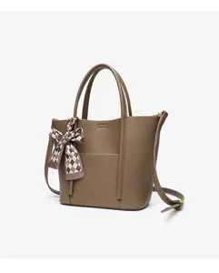 Women's leather tote bag crossbody shoulder bag with stylish ribbon scarf detail taupe.