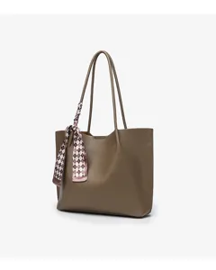 Brown leather tote bag for women, large capacity daily commuting shoulder bag with stylish scarf.
