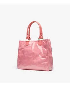 Pink waterproof crinkled tote bag, stylish single shoulder shopping bag with sturdy handles.