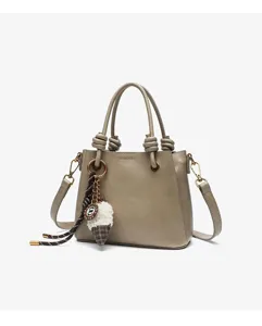 Stylish grey tote shoulder bag with top handles, knot details, and a cute plush ice cream charm.