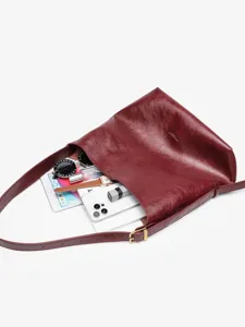 Minimalist burgundy leather shoulder hobo bag for women casual daily commuting tote bag