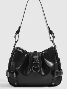 Women Vintage PU Leather Underarm Bag Fashion Solid Color Zipper Shoulder Bag Casual Commuter Motorcycle Handbag