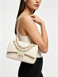 Women Quilted Chain Shoulder Bag Elegant Faux Leather Crossbody Handbag Cream White