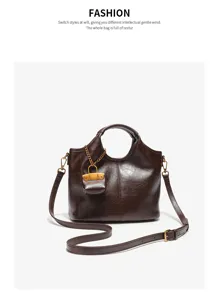 Dark brown leather handbag stylish tote shoulder bag with mini charm casual chic design for women
