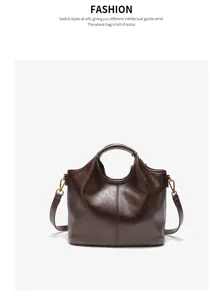 Genuine leather tote handbag casual brown shoulder bag stylish minimalist design for women.