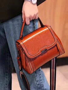 Retro brown genuine leather handbag crossbody bag women top handle casual bag main view