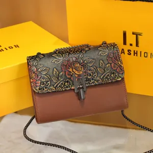 Women Retro Embossed PU Leather Crossbody Bag Fashion Floral Shoulder Bag Luxury Chain Lock Flap Handbag For Daily Use