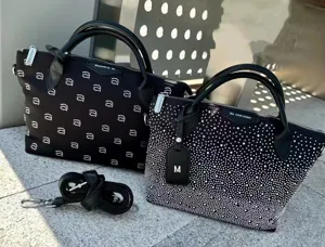 Black rhinestone handbag set, stylish French design shoulder bag with detachable strap for women.