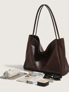 Braune PU Leder Shopper Tasche Detail, grosse Schultertasche fuer Alltag und Pendeln neu