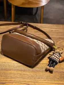 Chic brown monogram bucket bag women fashion PU leather shoulder cross body handbag with cute charm