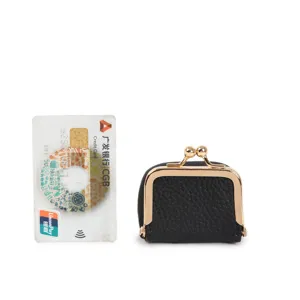 Mini black leather kiss-lock coin purse compact jewelry storage pouch for small items