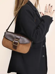 Women PU Leather Contrast Color Saddle Bag Small Underarm Shoulder Bag Fashion Retro Crossbody Handbag
