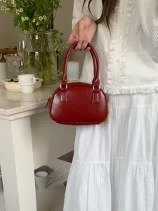 Red glossy bowling handbag, Korean style PU leather shoulder bag for daily casual fashion.