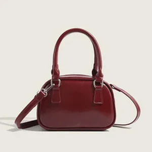Retro Wine Red Oil-Wax Leather Boston Bag Mini Pillow Bag Casual Commuter Handbag