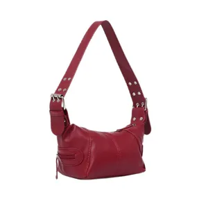 Red leather shoulder bag for women, stylish underarm hobo bag with zipper and buckles.