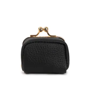 Detailed close-up of a mini black leather kiss-lock coin purse and jewelry storage pouch.