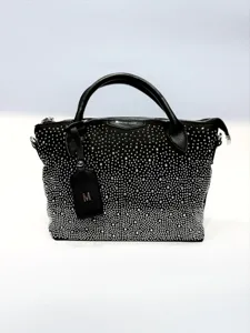 Black studded handbag with dual top handles and sparkling rhinestone details for women.
