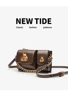 Stylish brown leather crossbody bag featuring gold rabbit metal decor and chic chain strap