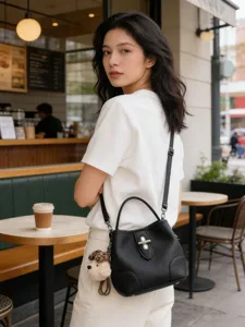 Black leather bucket bag detail featuring metal twist lock and cute plush dog charm.