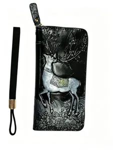 Detailed view of the embossed deer pattern on the vintage black long leather wallet.