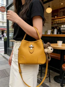 Minimalist yellow leather bucket bag with cute dog pendant, stylish women's shoulder handbag.