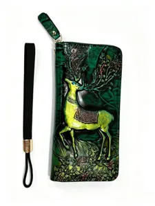 Vintage embossed deer long wallet zip clutch with wrist strap for women and men daily use.