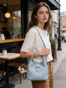 Light blue leather bucket bag with metal lock and cute bear charm for women daily use