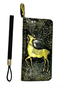 Long embossed deer wallet clutch black gold vintage unisex purse with wrist strap detail