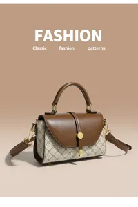 Retro top-handle shoulder bag for women, chic monogram pattern fashion handbag with lock.