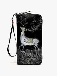 Vintage deer embossed long wallet with wrist strap, black leather clutch for women.