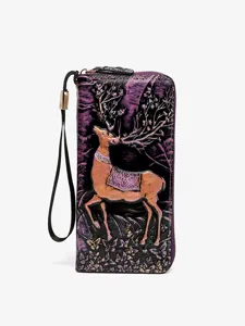 Vintage embossed deer leather long wallet with wrist strap purple chic clutch purse for women