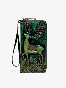 Vintage embossed deer leather long wallet clutch with wrist strap, multiple card slots for women.