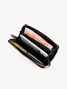 Black long zipped wallet with multiple card slots, large capacity for phone and cash.