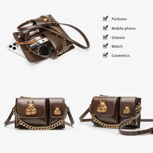 Women vintage brown shoulder bag with gold chain rabbit decor chic crossbody handbag