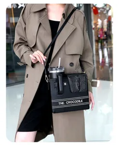 Crossbody tumbler bag with crocodile pattern, outdoor water bottle shoulder bag for women.