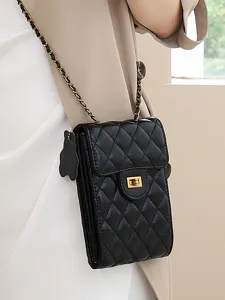 Classic quilted leather phone bag with chic chain strap, elegant cross-body mini handbag.