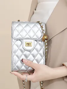 Silver genuine leather quilted chain phone bag, stylish shoulder crossbody mini bag.