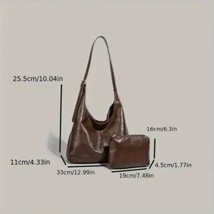 Klassische braune Leder Hobo Umhängetasche Set mit Tasche, minimalistisches Design, groß.