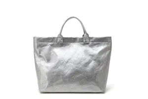 Silver metallic tote bag large capacity waterproof commuting handbag for women and daily use.