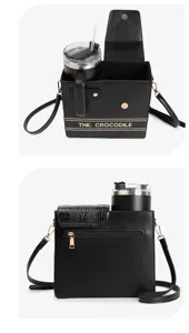 Black PU leather water bottle crossbody bag with crocodile pattern and tumbler holder.