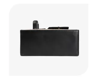 Black leather water bottle bag detail view, premium textured cup sleeve for outdoor use.