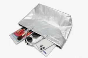 Silver Tyvek tote bag for women, large capacity commuter handbag and stylish daily shopper.