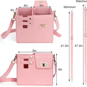 Pink PU leather shoulder bag detail showing multi-compartment interior and adjustable strap.