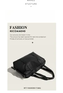 Stylish black travel tote bag for women large capacity shoulder bag casual handbag.