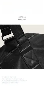 Black travel bag leather texture metal hardware detail close up shot stylish casual duffel tote